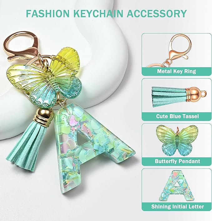 JINGUAZI Initial letter Keychains for Women Tassel Butterfly Pink Purple Cute Car Keychain for Wallet Backpack bag charm