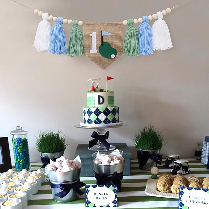 Golf Theme 1st Birthday Tassels High Chair Banner - Green Blue Golf Hole In One First Birthday Decorations