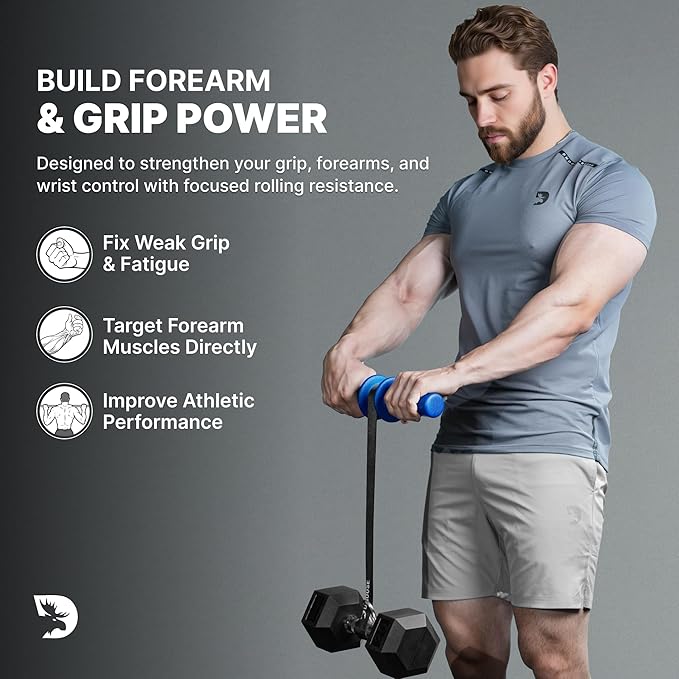 DMoose Fitness Forearm Strengthener & Wrist Roller - 2 in 1 Arm Exerciser with Non-Slip Premium Grip, Durable Nylon Rope - Helps with Elbow Tendonitis, Wrist Recovery & Strength Training (Patented)