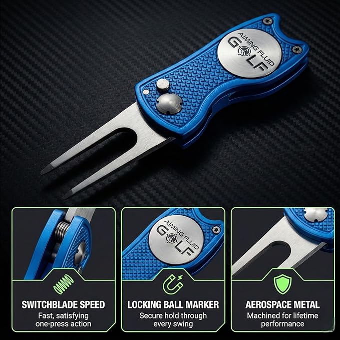 Golf Divot Repair Tool — 5-in-1 Golfing Ball Marker, Pitch Mark Repair, Putting Alignment, Club Tee, and Groove Cleaner, Accessory Metal Switchblade Design - Ideal Gift for Golfers