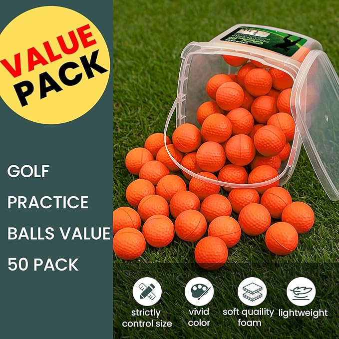 FINGER TEN Golf Practice Balls with Bucket Value 50 Pack, Soft Foam with Limited Flight for Safe Practice, Orange Yellow Pink Bright Colors for Indoor Outdoor Backyard Pool Use