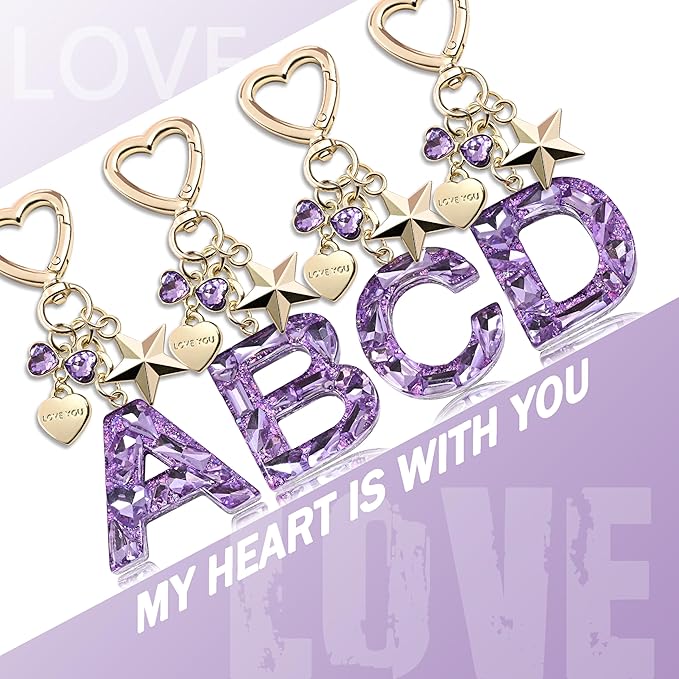 Cute Bling Keychain initial Letter Butterfly Star Pink Purple Gift for Women Girls Bag Cup Charms Accessories