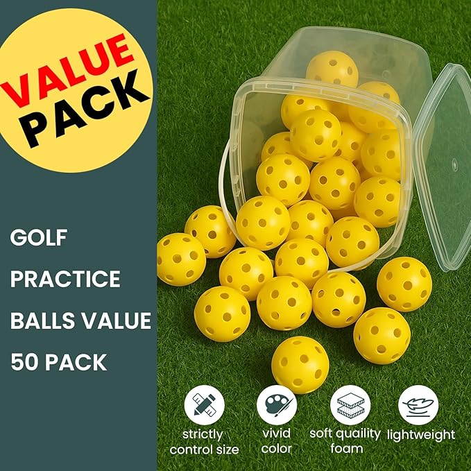 Golf Practice Balls Plastic Value 50 Pack and Golf Ball Bucket with Handle, Limited Flight Sports Training Ball, Indoor Outdoor Backyard Garden Driving Range Use