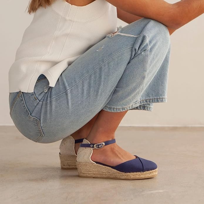 Girona Authentic Spanish Espadrille Wedge Sandals for Women - Sustainable, Eco Friendly, Vegan Shoes. Classic Style, Organic Cotton Canvas Upper, Comfy Insole, Jute Midsole, Rubber Sole. Made in Spain