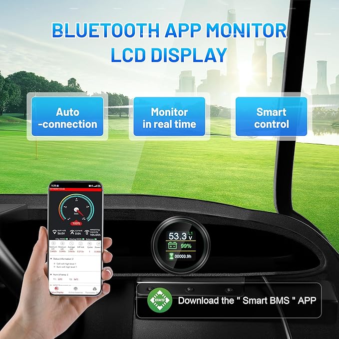 48V 105Ah Lithium Golf Cart Battery, Built-in Smart 250A BMS with Round LCD Dispaly & Mobile APP, 6000+ Cycles Rechargeable LiFePO4 Battery, Max 12.8kW Power Output, Perfect for Golf Carts