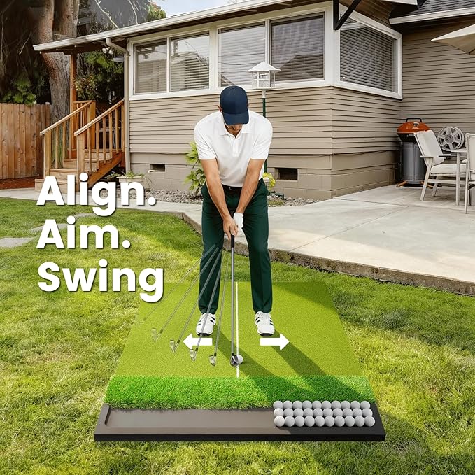 Dual Turf Golf Hitting Mat with Ball Tray, 5x4 & 6x4 ft, 26mm/31mm Thick, Alignment Aid, Golf Practice Mat Indoor & Outdoor, Driving & Chipping Pad Simulator Mat