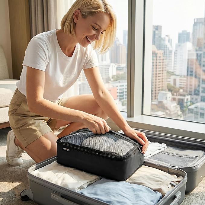 4 Piece Compression Packing Cubes for Suitcases and Backpack, Lightweight Travel Organizer Bags (Jet Black)
