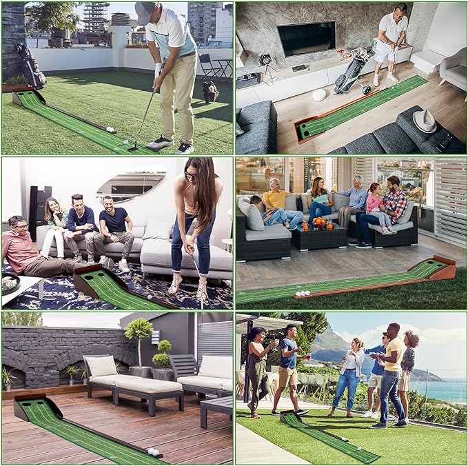 Putting Green Portable Indoor Putting mat，Includes Putting Practice Ball, Wrinkle-Free Mat, and Solid Wood Construction,Office, Living Room, Golf Gift