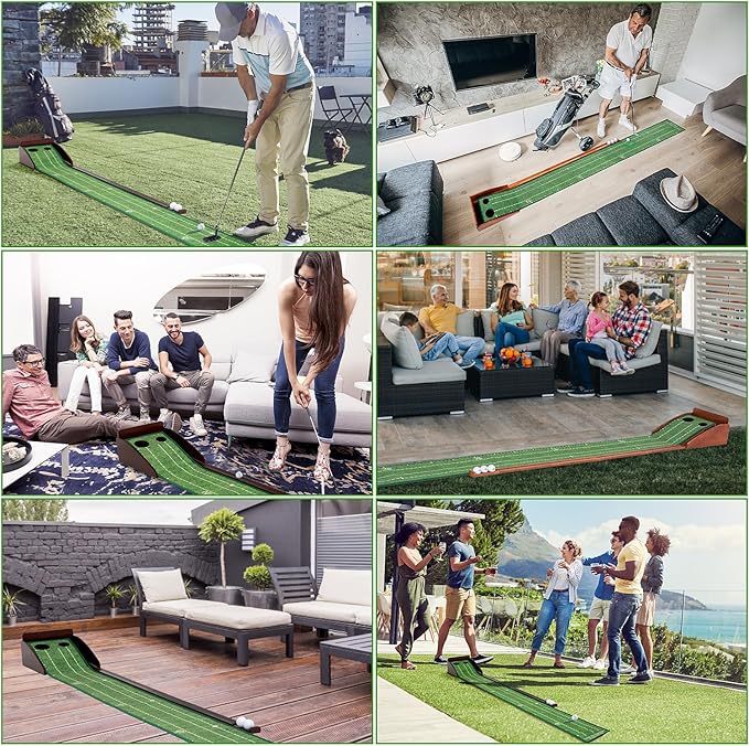 Putting Green Portable Indoor Putting mat，Includes Putting Practice Ball, Wrinkle-Free Mat, and Solid Wood Construction,Office, Living Room, Golf Gift