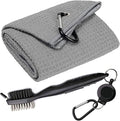 Golf Towels, Microfiber Waffle Pattern Tri-fold Golf Towel - Brush Tool Kit with Club Groove Cleaner, with Clip Men Women Golf Gifts (Gray)