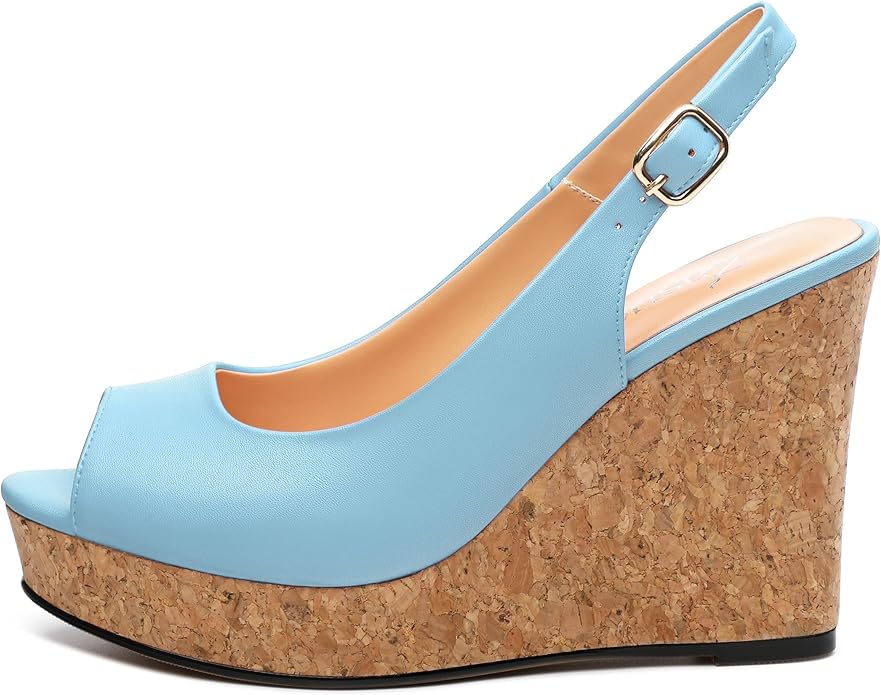 Womens Peep Toe Wedge Heels Matte Fashion Cork Slingback Pumps Platform Wedge Sandals 3.94 Inches