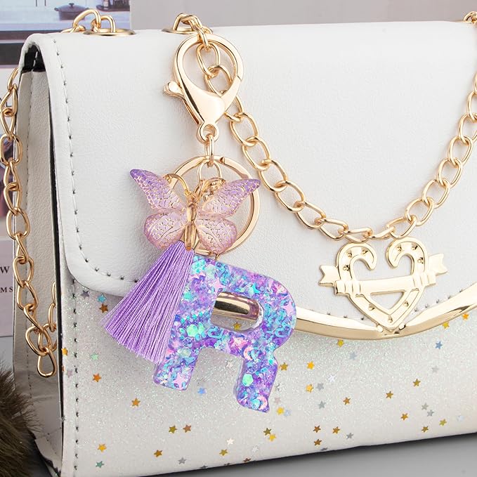 Suweibuke Colourful Cute Initial Letter Keychains for Women Girls with Tassel Butterfly, Charm for Purse Handbags Backpacks