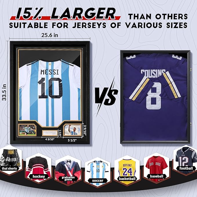 JupDec Jersey Frame Display Case 3 Pack, Large Clear Acrylic Shadow Box with UV Protection for Basketball Baseball Football Soccer Hockey Shirt, Wall Mount Wooden Showcase, Idea Gift for Sports Fans