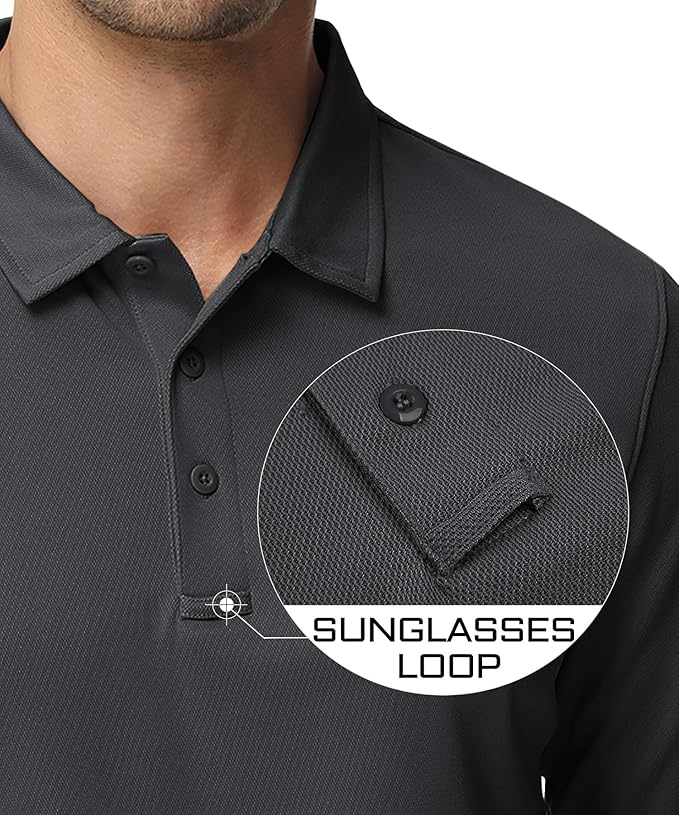 MAGCOMSEN Men's Polo Shirts 3 Button Quick Dry Performance Long Sleeve Tactical Shirts Pique Jersey Golf Shirt