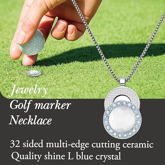 Golf Ball Marker with Ceramic Crystal Ball Marker Necklace (20mm Small Size) Gifts Accessories Women Golfers