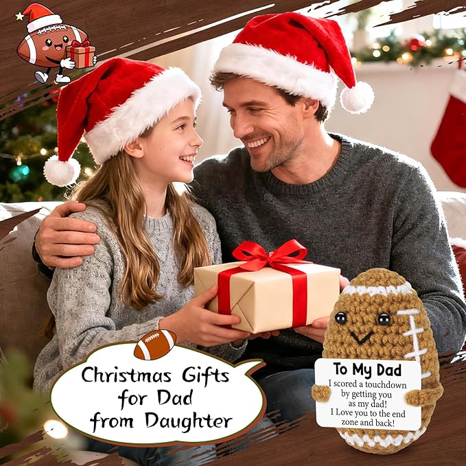 Dad Gifts from Daughter Son Wife, Positive Handmade Crochet Dad Christmas Birthday Gift, Funny Cute Small Gifts for Dads, I Love You Girl Papa Gift Idea, Unique Doll for Step-Dads Football