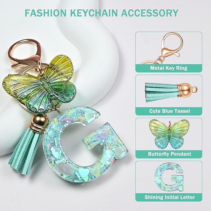 JINGUAZI Initial letter Keychains for Women Tassel Butterfly Pink Purple Cute Car Keychain for Wallet Backpack bag charm