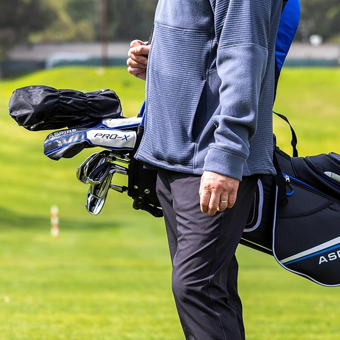 Aspire PRO-X Men’s 19-Piece Golf Set – Titanium Driver, Wood, 3-5 Hybrids, 6-SW Irons, Putter, Stand Bag, 5 Headcovers and Cover – RH
