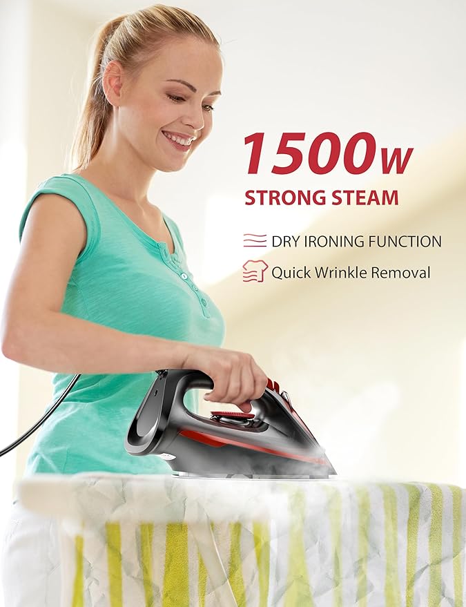 Steam Iron for Clothes 15s Fast Heat-up, 1500W Iron with 13.21oz Water Tank, Non-Stick Ceramic Soleplate, Anti-Drip, Auto-Off, Burst Steam, Self-Cleaning, Ironing Clothes for Home