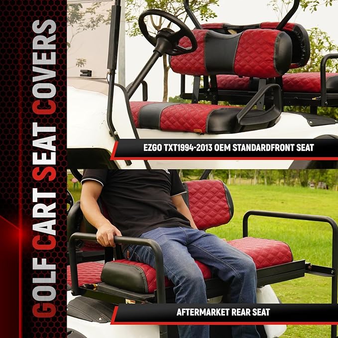 Golf Cart Seat Covers Front and Rear Waterproof and Sun Resistant Marine Grade Vinyl Leather Seat Cover Accessories for EZGO TXT 1994-2013, Deep Red(4PCS)