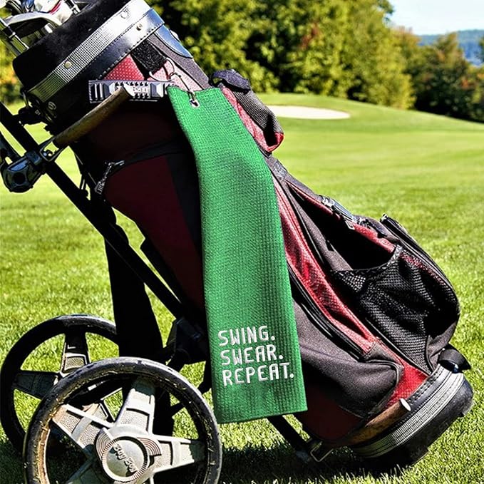 DYJYBMY Swing Swear Repeat Funny Golf Towel, Embroidered Green Golf Towels for Golf Bags with Clip, Golf Gift for Men Husband Boyfriend Dad, Birthday Gifts for Golf Fan, Funny Golf Lover Gift