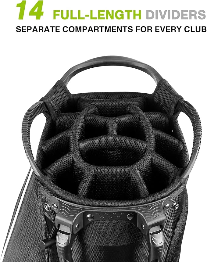 Golf Stand Bag 14 Way Top Dividers Full-Length with Stand, 8 Pockets, Cooler Pouch, Waterproof Golf Bag for Men, Dual Strap, Rain Hood