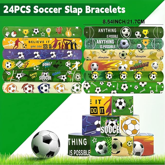 74Pcs Soccer Theme Party Favors Contain 24 Pcs Slap Bracelets 50Pcs Stickers, Soccer Theme Birthday Party Decorations,Classroom Rewards Supplies.