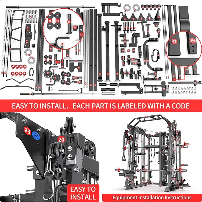 Smith Machine，Multi-Function Squat Rack Power Cage with Cable Crossover System,with Optional Weight Bench, Olympic Barbell Weight Set, for Home Gym