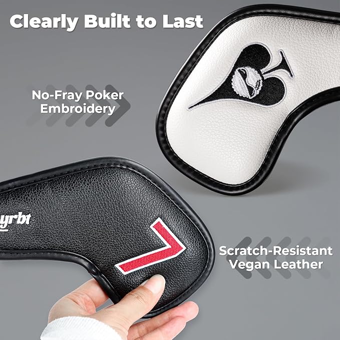 Magnetic Golf Iron Head Covers Set of 10 – Fun Poker Suits Design with Embroidered Clubs, Diamonds, Hearts & Spades | Premium PU Leather, Fits All Irons, Unique Golf Gift for Men & Women