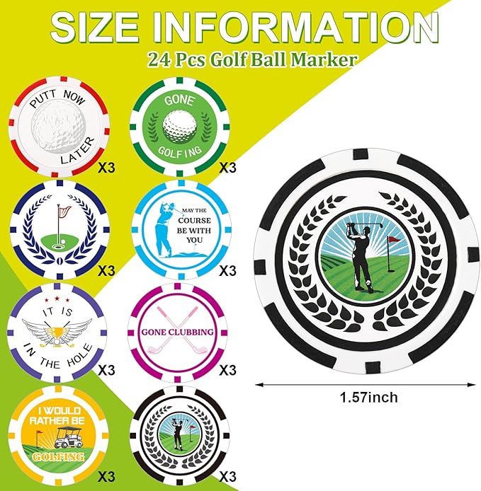 Sosation 24 Pcs Personalized Golf Ball Marker Funny Poker Chip Ball Marker Set 1.57 Inches Poker Chip Christmas Gifts Collection for Men Womens Golf Accessories, 8 Styles