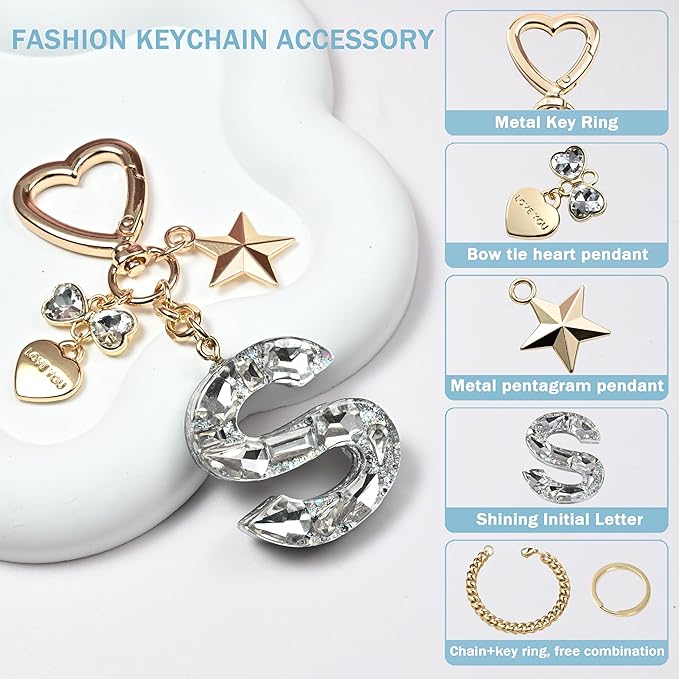 Cute Bling Keychain initial Letter Butterfly Star Pink Purple Gift for Women Girls Bag Cup Charms Accessories