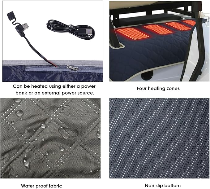 Asixxsix Heated Golf Cart Seat Cover, 51.97x31.50 inch USB Type C 4 Zone Heating Water Proof Washable Plush Seat Towel Blanket Warmer for 2 Person, All Weather Outdoor Use