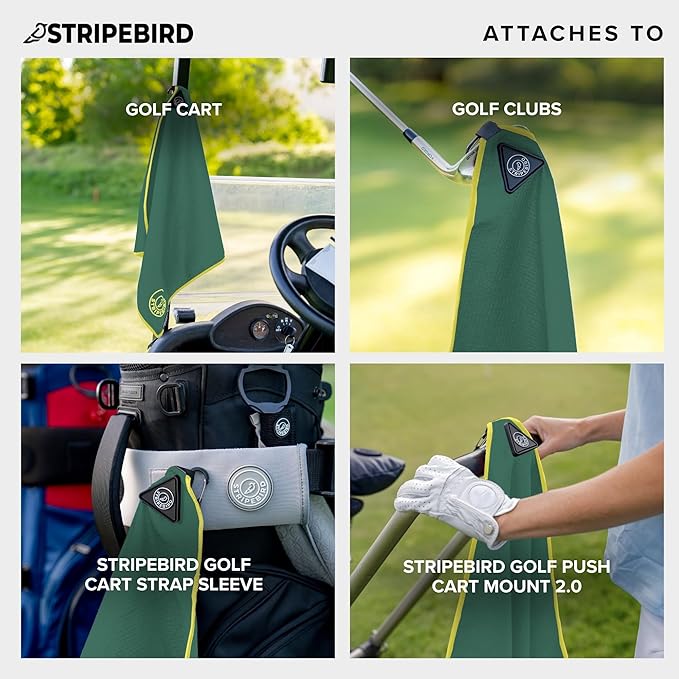 Stripebird - Magnetic Golf Towel (Green) - Microfiber Golf Towel with Built-in Ultra-Strong Neodymium Magnetic Towel - 18" x 18" Golf Bag Towel