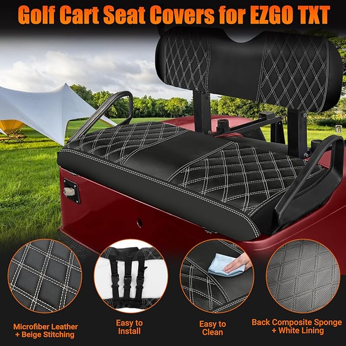 4PCS Waterproof Leather Golf Cart Seat Covers Compatible with EZGO TXT 1994-2013 Front & Aftermarket Rear Seat Kits | Beige Stitching | No Staple Installation