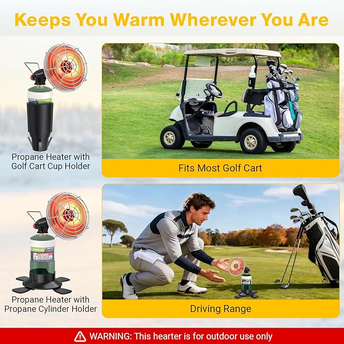 Golf Cart Heater,9200BTU Outdoor Propane Heater with 2-in-1 Golf Cart Cup Holder & Foldable Cylinder Holder for EZGO Yamaha Club Car,Most Golf Carts-Fuel Cylinder not included