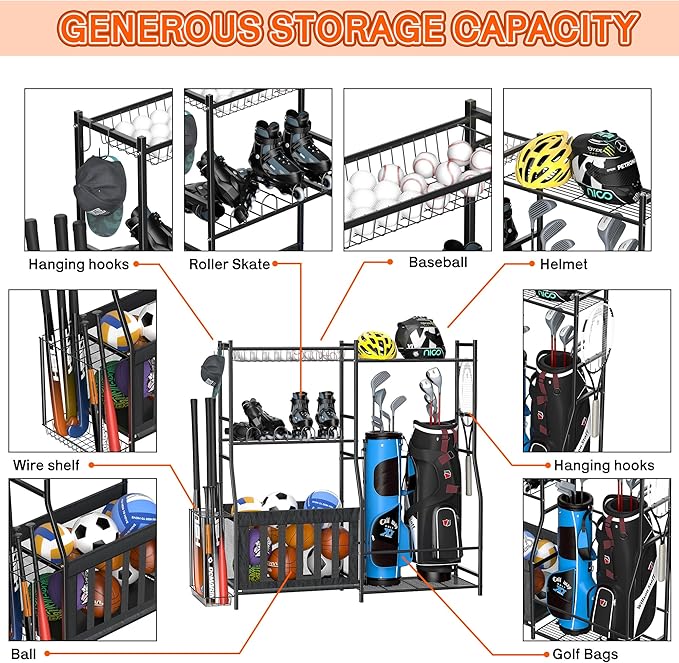Ultrawall Golf Storage Organizer, Golf Bag Storage Stand for Garage, Golf Equipment Rack with Wheels Fits 2 Golf Bags and Golf Equipment Accessories