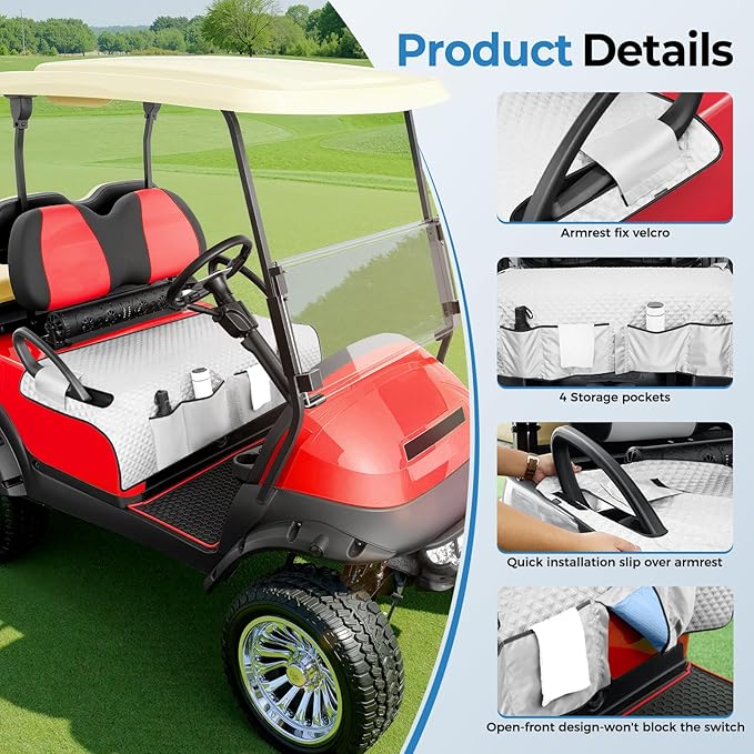 Tecoom Golf Cart Seat Covers, Universal Golf Cart Seat Towel Blanket with Armrest Strap 4 Pockets Non-Slip Bottom, Fits Club Car, EZGO, Yamaha, and More Front Seats, Protect Seats from Pet-Scratch Sun