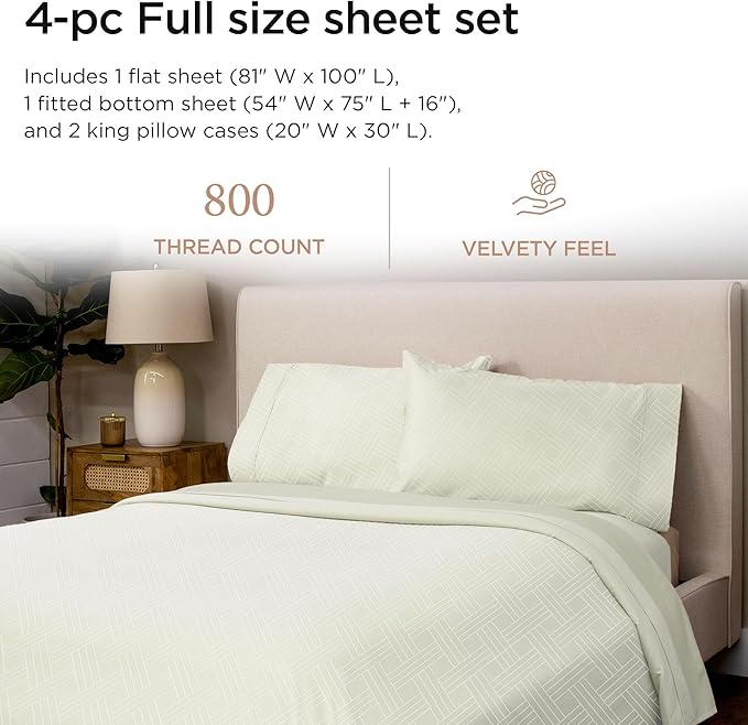 Threadmill Luxury 100% Cotton Full Bed-Sheets - 800 Thread Count Jacquard Celine Ivory,4 Pc Striped Best Sheets for Bed, Damask Sheets with Elasticized Deep Pocket
