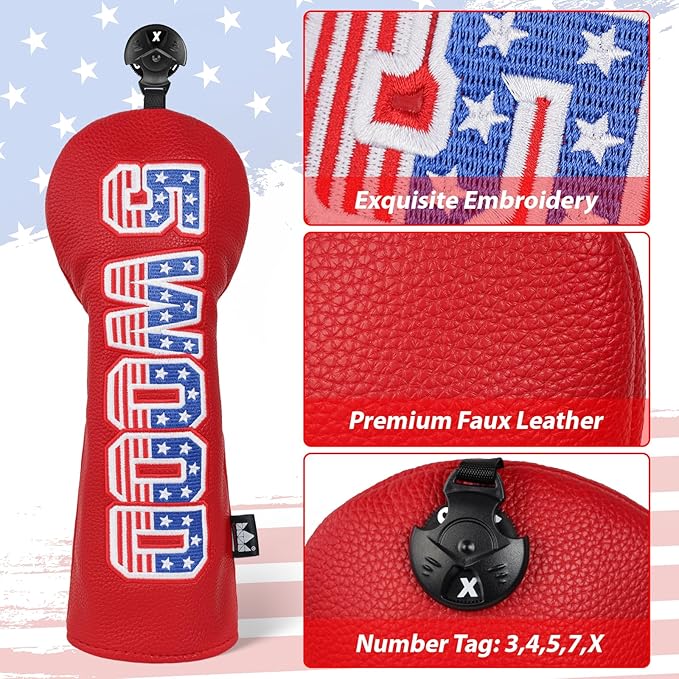 Craftsman Golf Headcover Set for Driver 3 5 Fairway Wood Hybrid Golf Club Head Cover, USA Flag Old Glory Design Golf Club Covers,Interchangeable Number Tag Offered