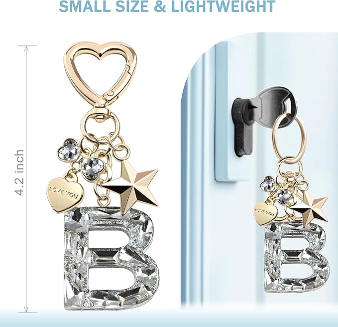 Cute Bling Keychain initial Letter Butterfly Star Pink Purple Gift for Women Girls Bag Cup Charms Accessories