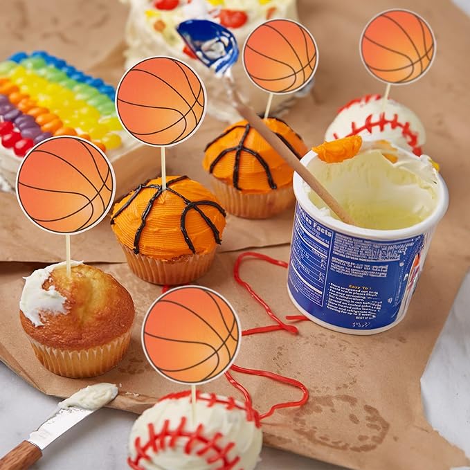 36Pcs Basketball Cupcake Toppers Star Sports Ball Cupcake Picks Decorations for Basketball Sports Players Theme Baby Shower Birthday Party Cake Decorations Supplies