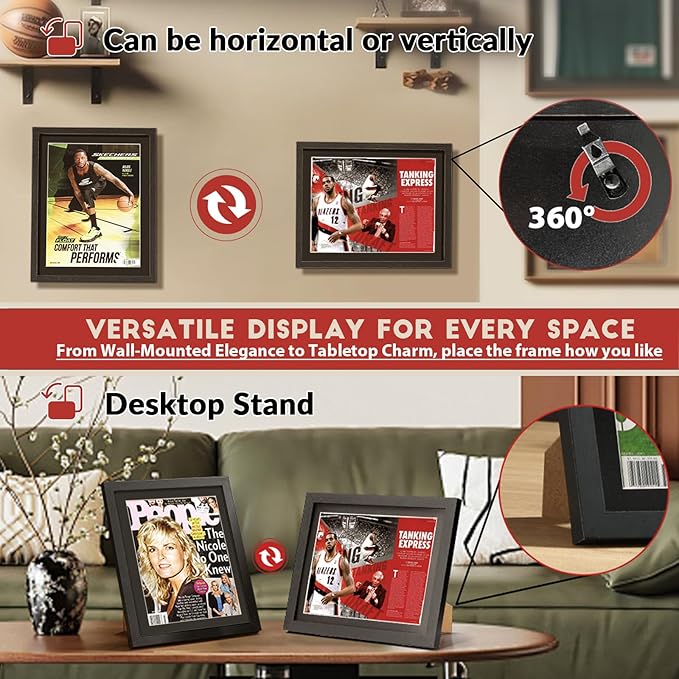 JupDec Sports Magazine Frame 2 Pack, Premium Wood Display Case for 8" x 10.5" Magazines, Wall Mount or Tabletop Stand, Layered Design with Positioning Mat, Perfect for Sports Fans & Home Decor, White