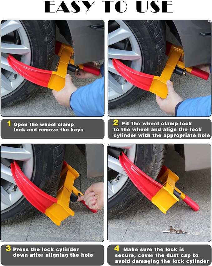 Tevlaphee Universal Wheel Lock Heavy Duty Security Trailer Wheel Lock Anti Theft Wheel Locks for Cars SUV Camper Motorcycle Trailer Great Deterrent Bright Color with 3 Keys (Red-Yellow)