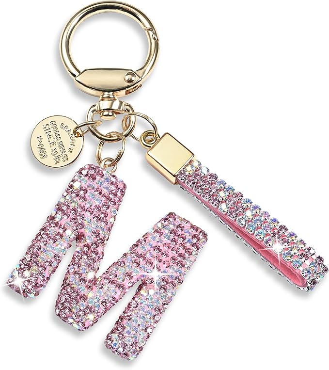 Pink Blue White Initial Letter Keychain Gift for Women Girls Bling Sparkly Cute Backpack Car Key Accessories Lanyard
