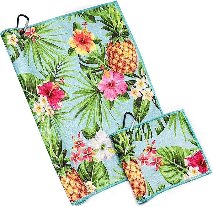 Microfiber Golf Towels for Golf Bags & Carts - Premium Weave Waffle & Ball Towels with Carabiner Clip, Essential Accessories for Men, Women and Kids, Golfer Gifts, Set of 2 (Pineapple Tropics)