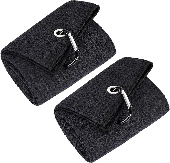 Mile High Life Tri-fold Golf Towel | 16" X 24" | Premium Microfiber Fabric | Waffle Pattern | with Heavy Duty Carabiner Clip | for Men and Women (2 Pack Black)