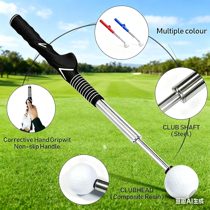 Retractable Golf Swing Training Aid,Right-Handed Golf Swing Trainer, Golf Grip Trainer with Click Feedback, Golf Stick for Practice Correction Indoor Outdoor Hitting (Black, Right-Handed)