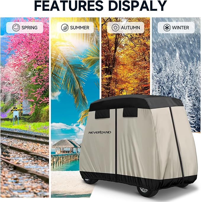 NEVERLAND Golf Cart Cover 4 Passenger - Outdoor Waterprood Golf Cart Covers, 420D Club Car Golf Cart Covers With Air Vent&Zipper Compatible with EZGO Yamaha Club Car 4 Seat (Up to 112 Inch)Black+Brown