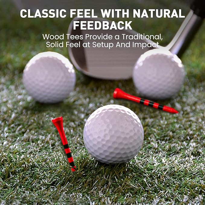 FINGER TEN Golf Tees Wood 3 1/4 2 3/4 Inch Value 50/120 Count, Durable Tees with Bright Colored Stripes for Consistent Height, 70mm 83mm Long Tees Ideal for Golfers