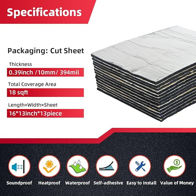 Car Sound Deadening Mat 394mil 18sqft - Automotive Hood Insulation Pad - Self-Adhesive Auto Audio Heat Shield Sound Dampening Foam Board Aluminum for Door Floor